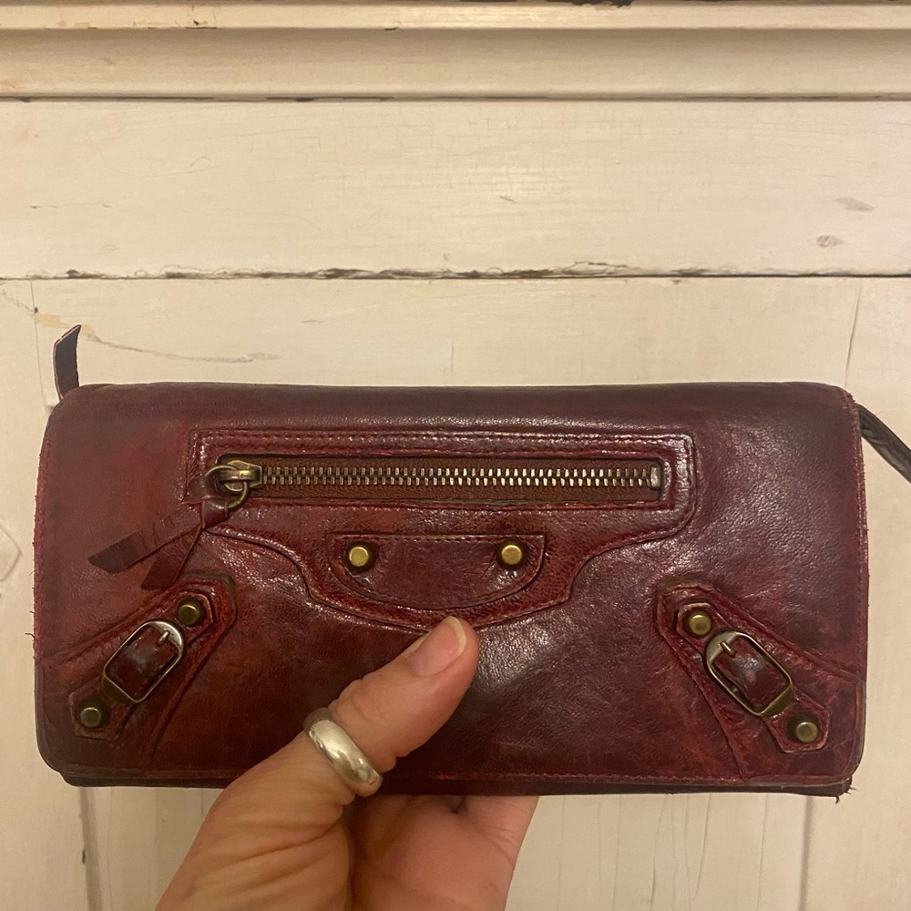 Balenciaga Burgundy Leather Key & Card Holder
